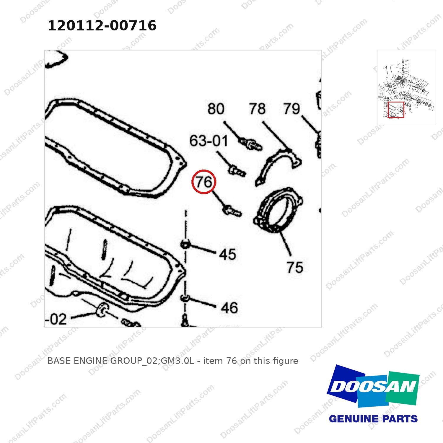 120112-00716 BASE ENGINE GROUP_02;GM3.0L - parts diagram, item 76 shown - genuine Doosan / Bobcat forklift part