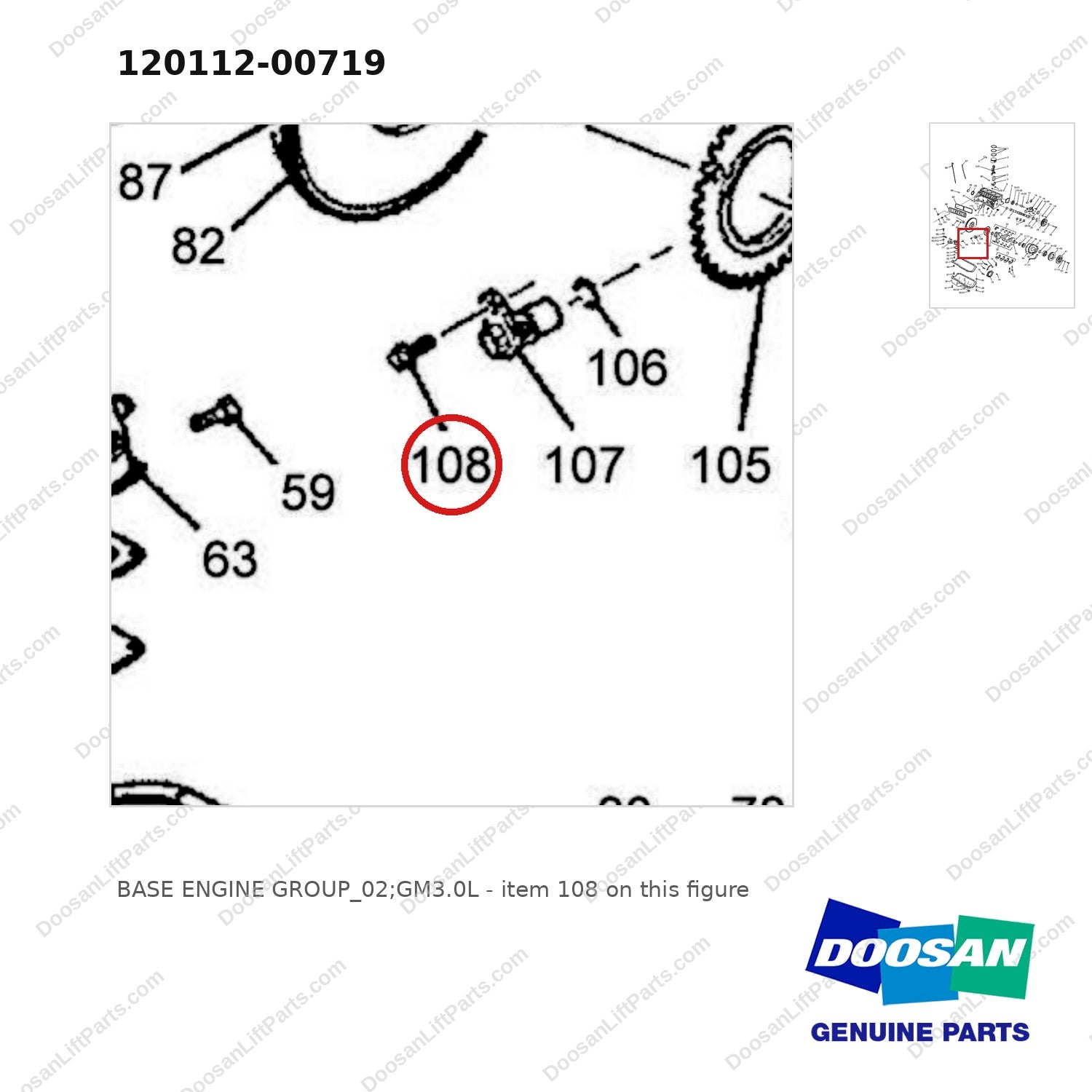 120112-00719 BASE ENGINE GROUP_02;GM3.0L - parts diagram, item 108 shown - genuine Doosan / Bobcat forklift part