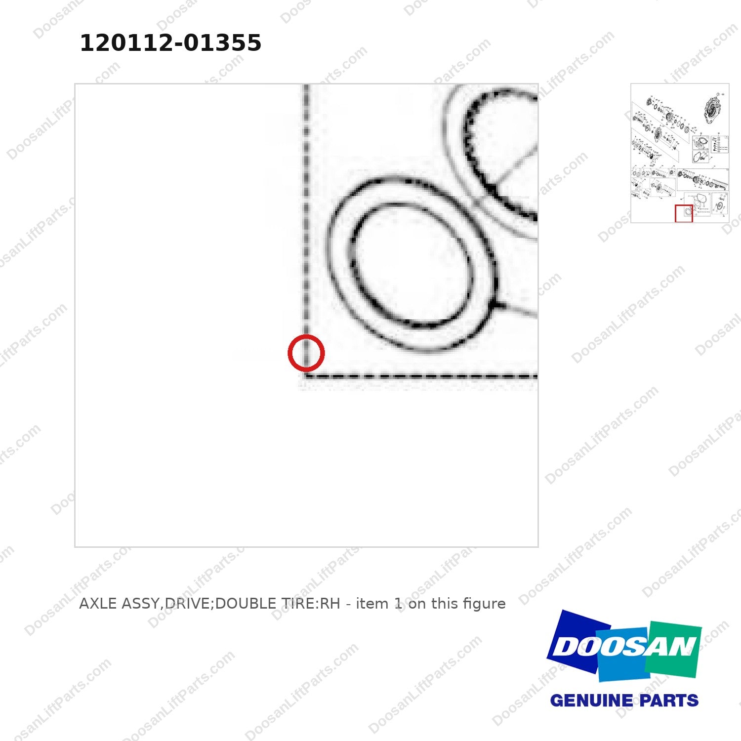 120112-01355 AXLE ASSY,DRIVE;DOUBLE TIRE:RH - parts diagram, item 1 shown - genuine Doosan / Bobcat forklift part