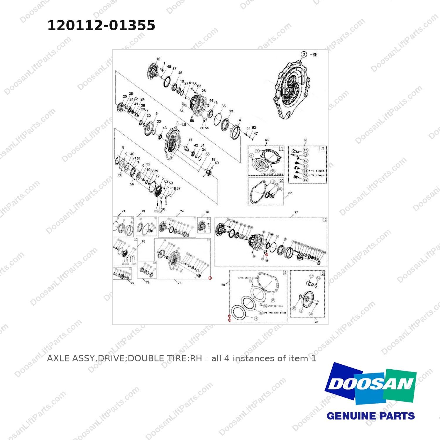 120112-01355 AXLE ASSY,DRIVE;DOUBLE TIRE:RH - full parts diagram, item 1 marked - genuine Doosan / Bobcat forklift part