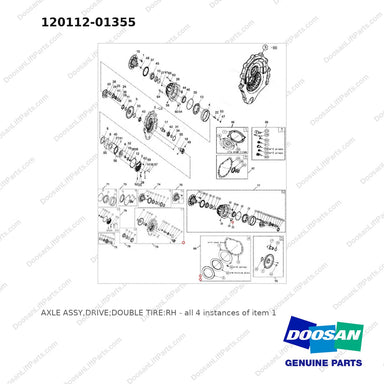 120112-01355 AXLE ASSY,DRIVE;DOUBLE TIRE:RH - full parts diagram, item 1 marked - genuine Doosan / Bobcat forklift part