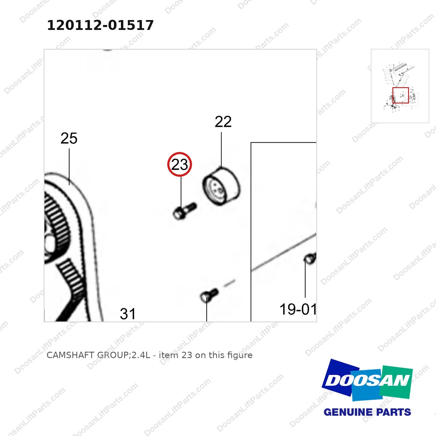 120112-01517 CAMSHAFT GROUP;2.4L - parts diagram, item 23 shown - genuine Doosan / Bobcat forklift part
