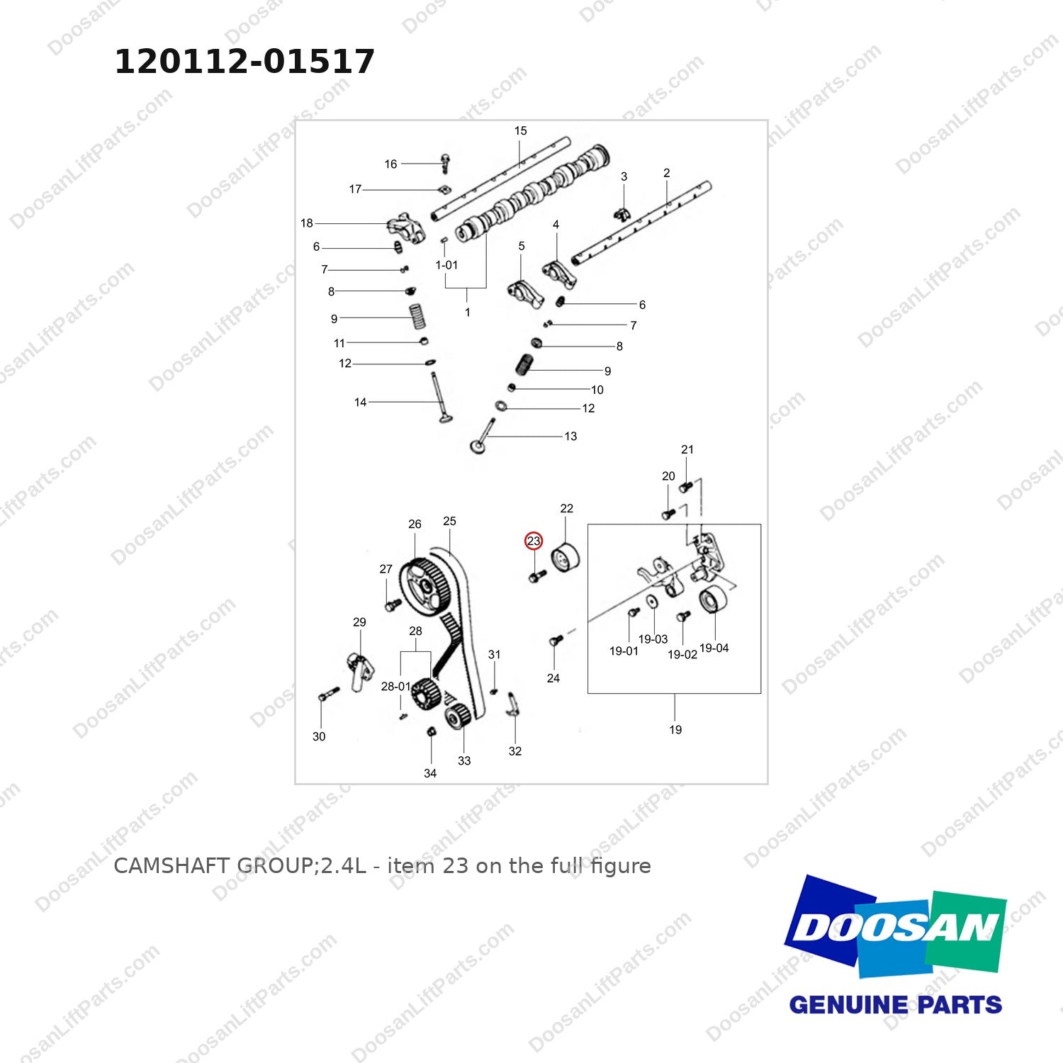 120112-01517 CAMSHAFT GROUP;2.4L - full parts diagram, item 23 marked - genuine Doosan / Bobcat forklift part