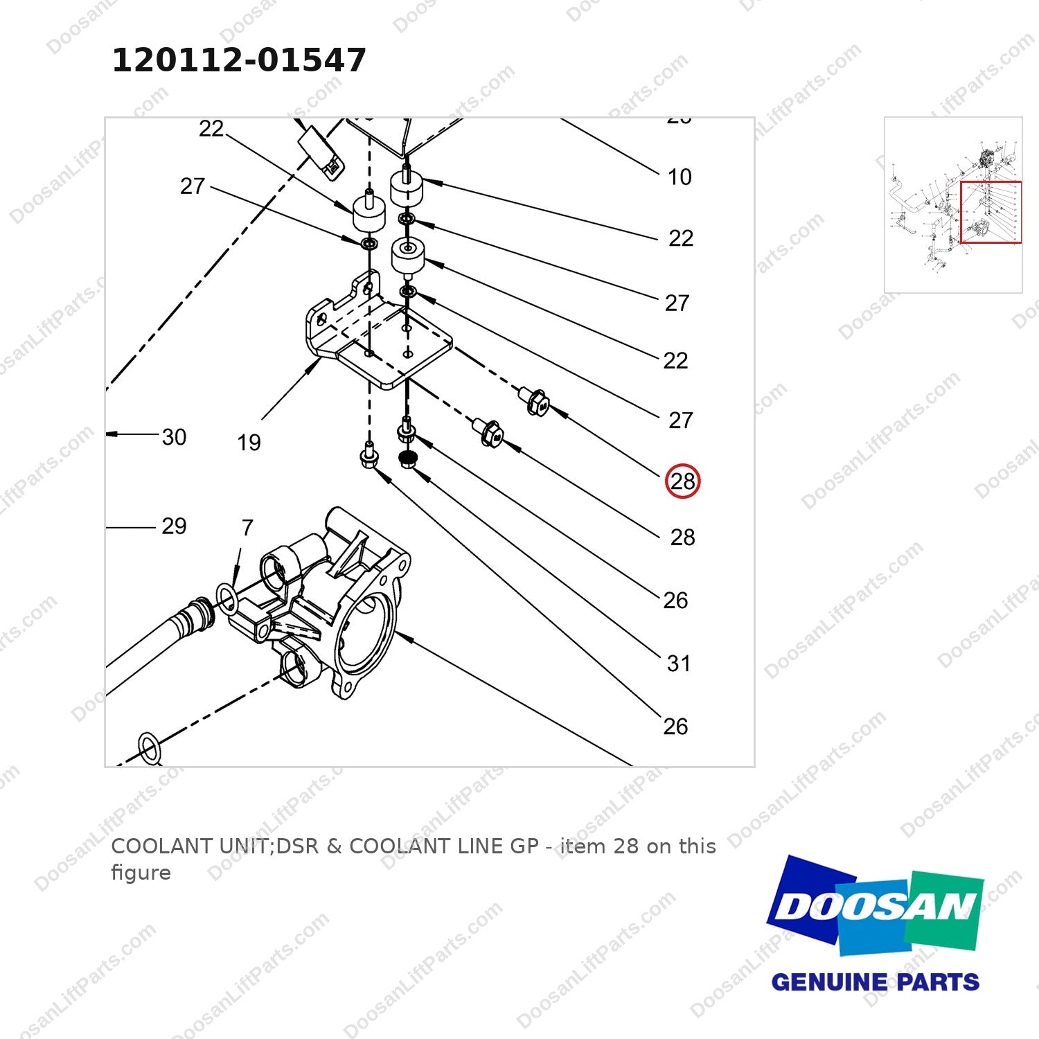 120112-01547 COOLANT UNIT;DSR & COOLANT LINE GP - parts diagram, item 28 shown - genuine Doosan / Bobcat forklift part