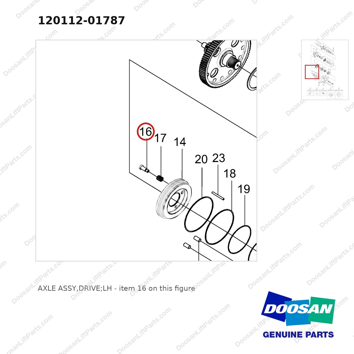 120112-01787 AXLE ASSY,DRIVE;LH - parts diagram, item 16 shown - genuine Doosan / Bobcat forklift part