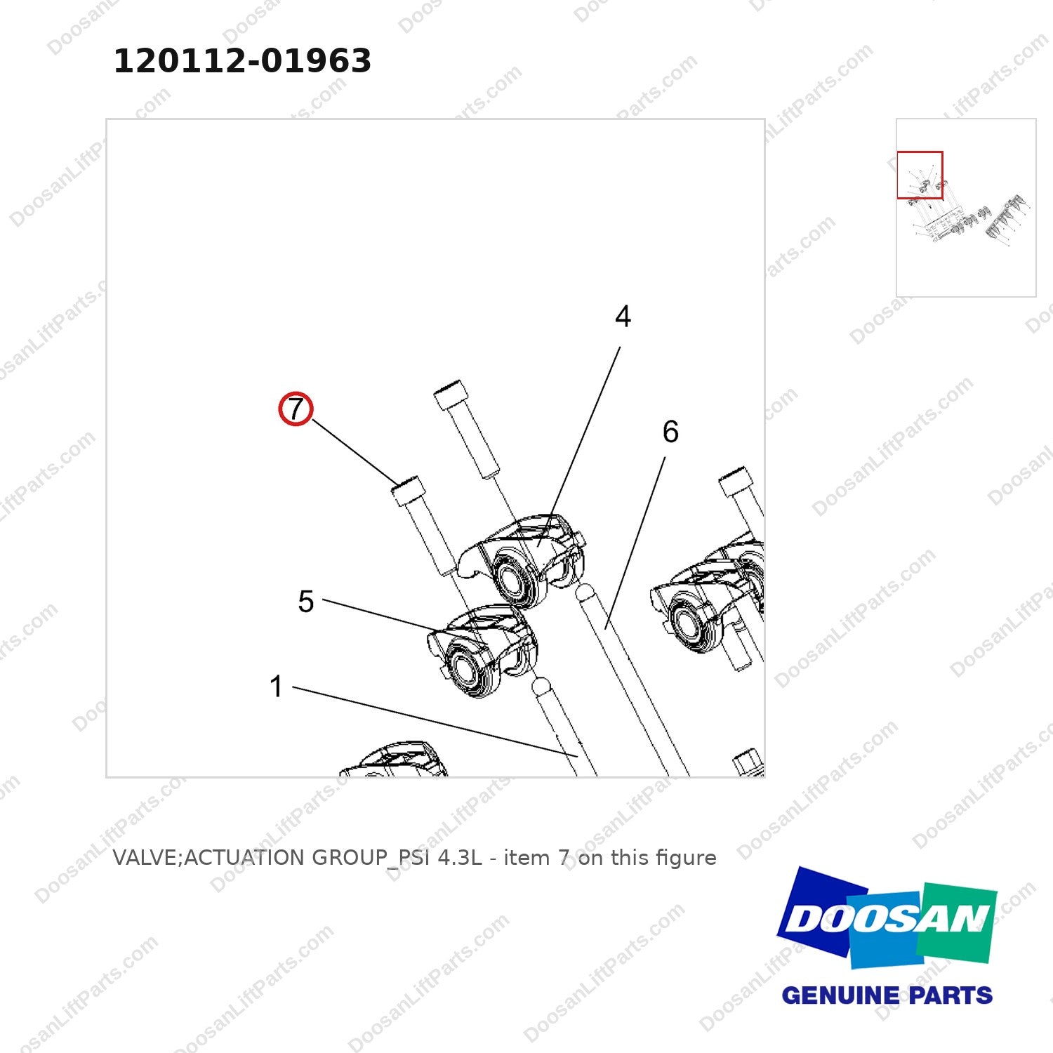 120112-01963 VALVE;ACTUATION GROUP_PSI 4.3L - parts diagram, item 7 shown - genuine Doosan / Bobcat forklift part