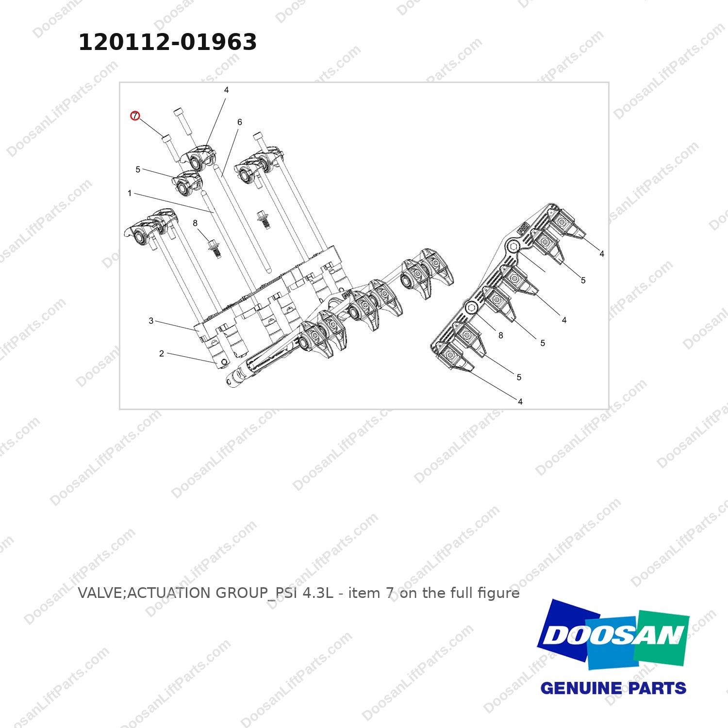 120112-01963 VALVE;ACTUATION GROUP_PSI 4.3L - full parts diagram, item 7 marked - genuine Doosan / Bobcat forklift part