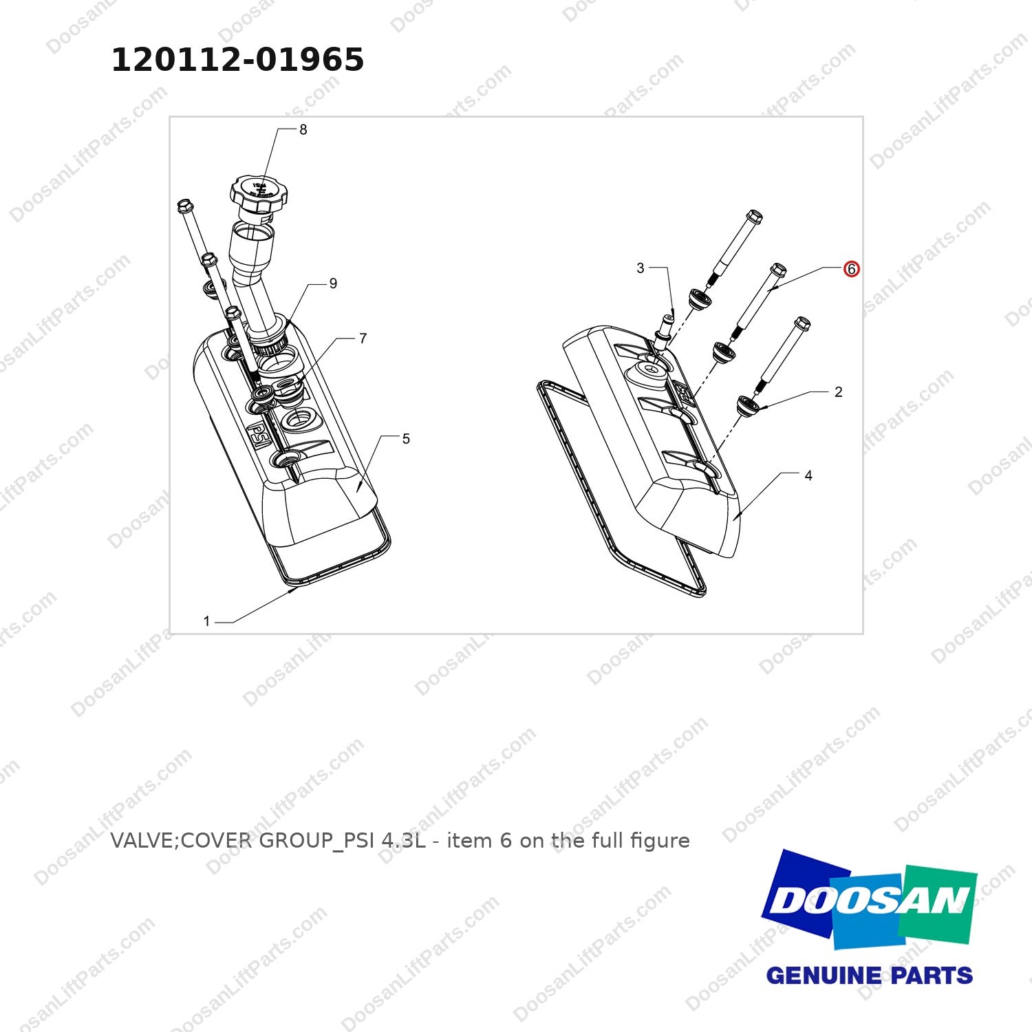 120112-01965 VALVE;COVER GROUP_PSI 4.3L - full parts diagram, item 6 marked - genuine Doosan / Bobcat forklift part