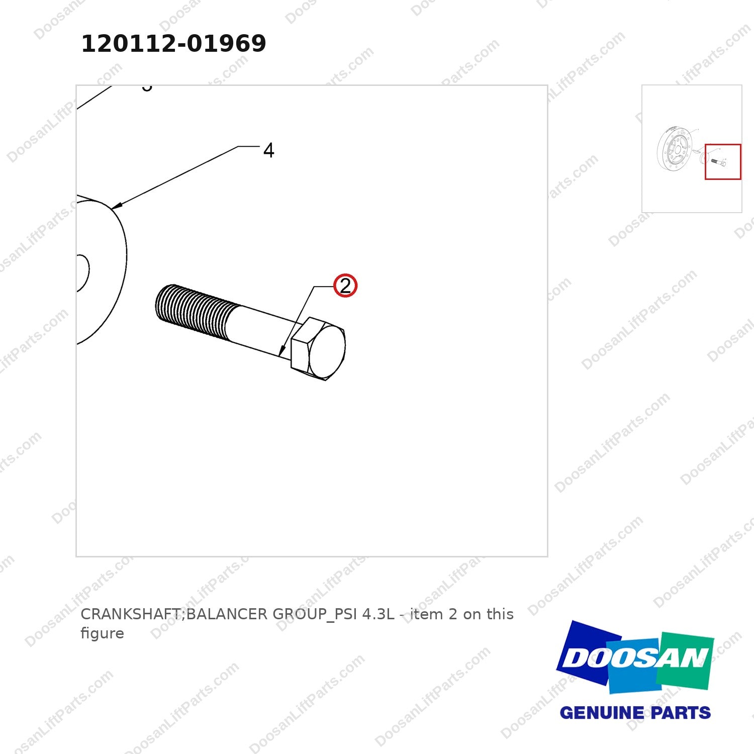 120112-01969 CRANKSHAFT;BALANCER GROUP_PSI 4.3L - parts diagram, item 2 shown - genuine Doosan / Bobcat forklift part