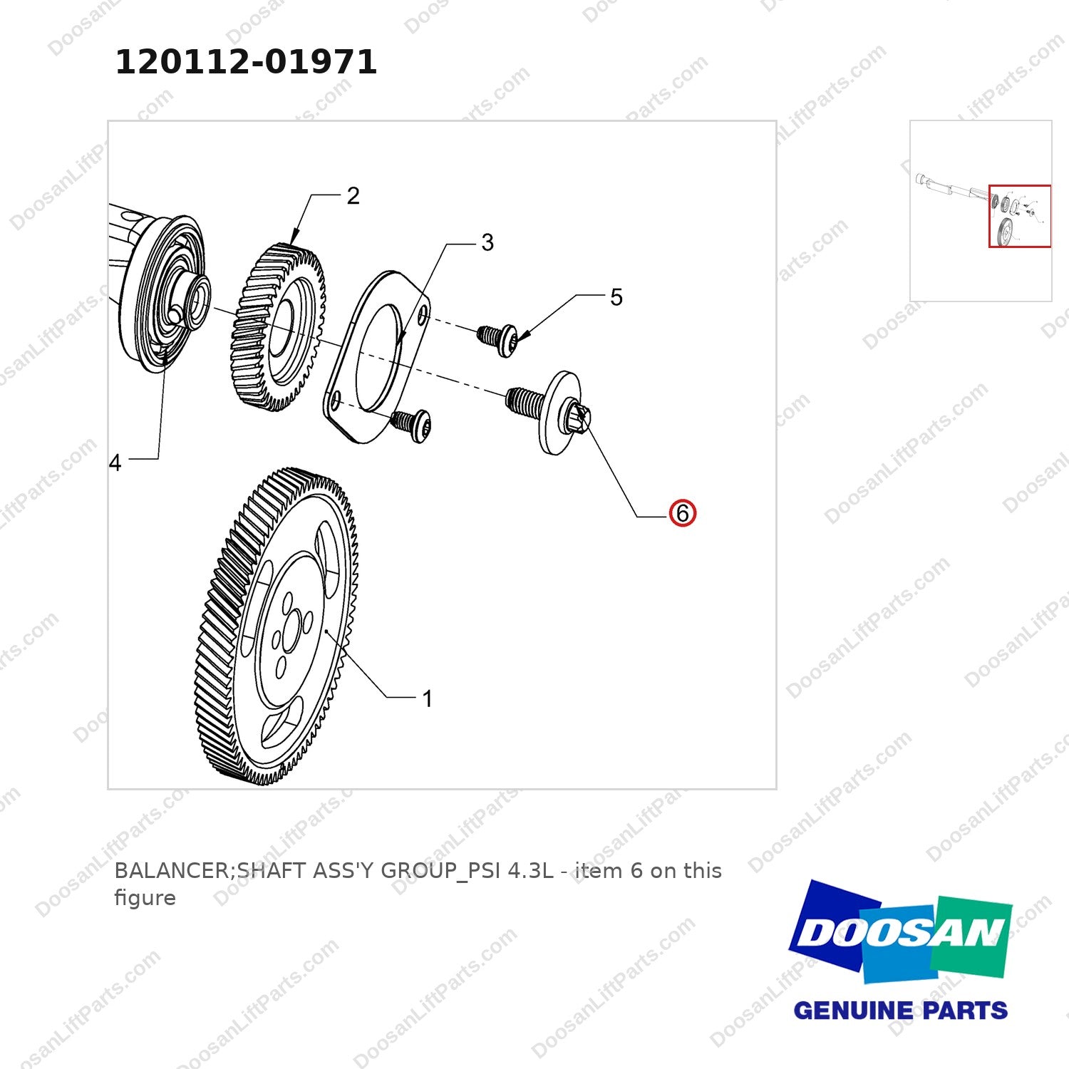 120112-01971 BALANCER;SHAFT ASS'Y GROUP_PSI 4.3L - parts diagram, item 6 shown - genuine Doosan / Bobcat forklift part
