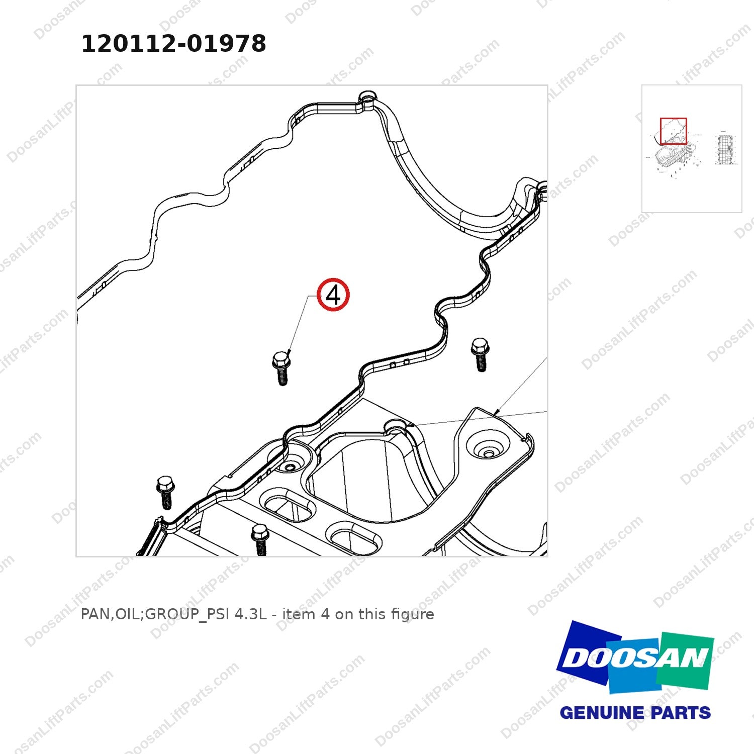 120112-01978 PAN,OIL;GROUP_PSI 4.3L - parts diagram, item 4 shown - genuine Doosan / Bobcat forklift part