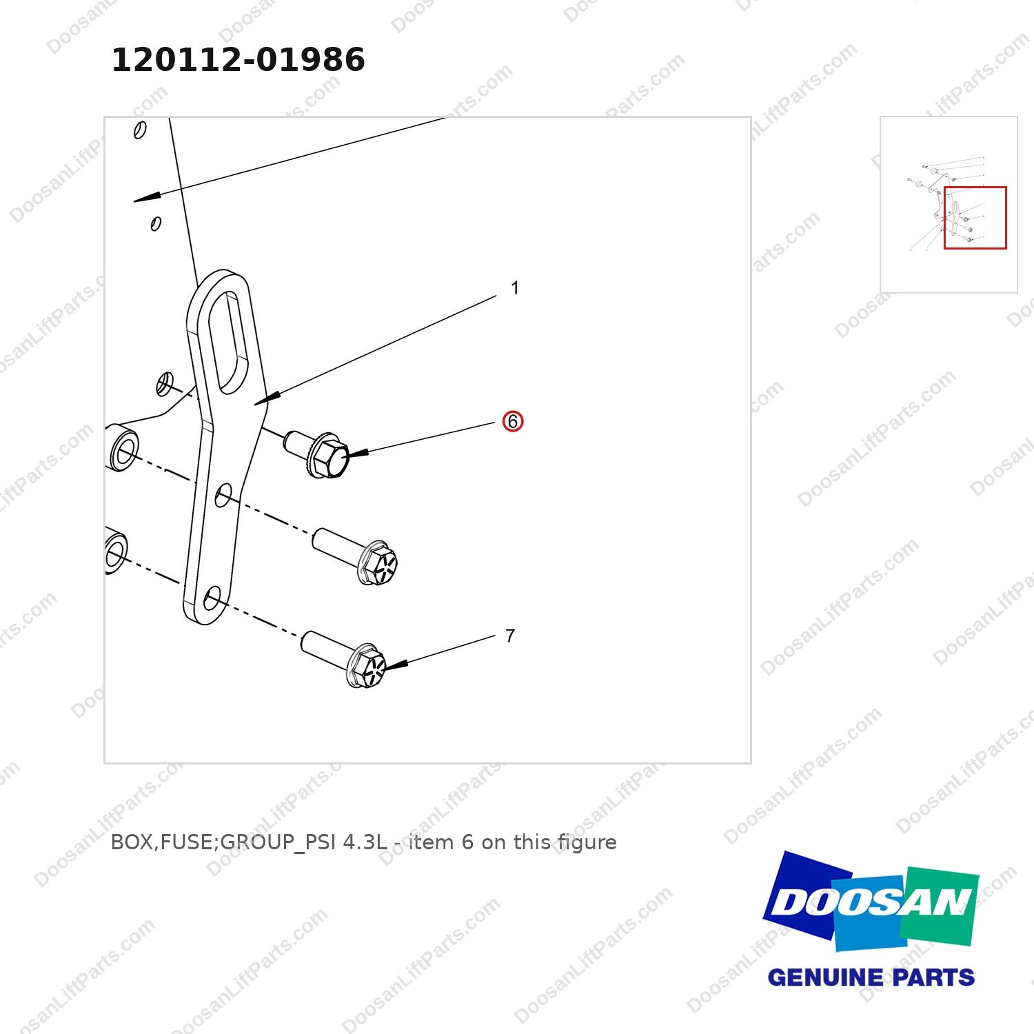 120112-01986 BOX,FUSE;GROUP_PSI 4.3L - parts diagram, item 6 shown - genuine Doosan / Bobcat forklift part