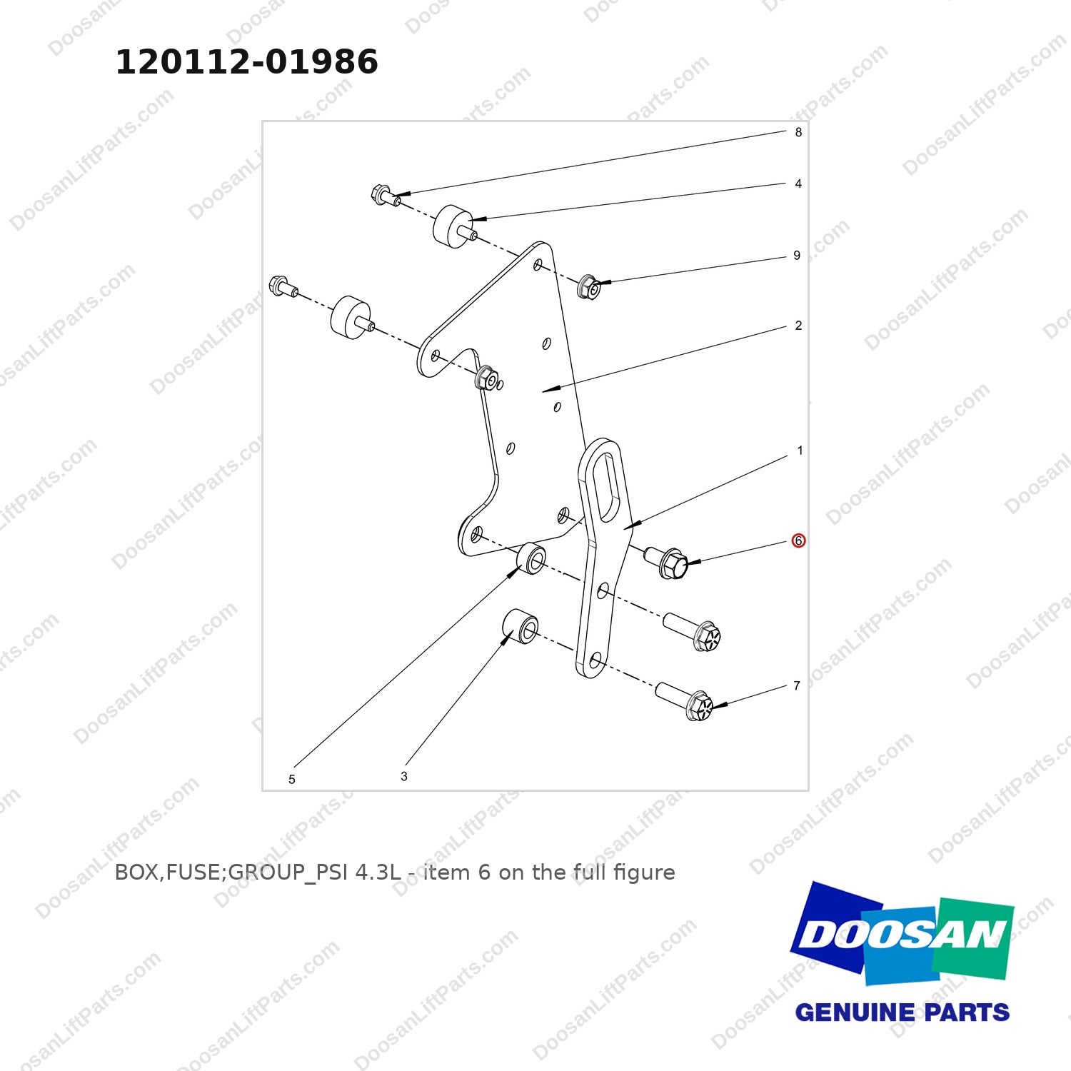 120112-01986 BOX,FUSE;GROUP_PSI 4.3L - full parts diagram, item 6 marked - genuine Doosan / Bobcat forklift part