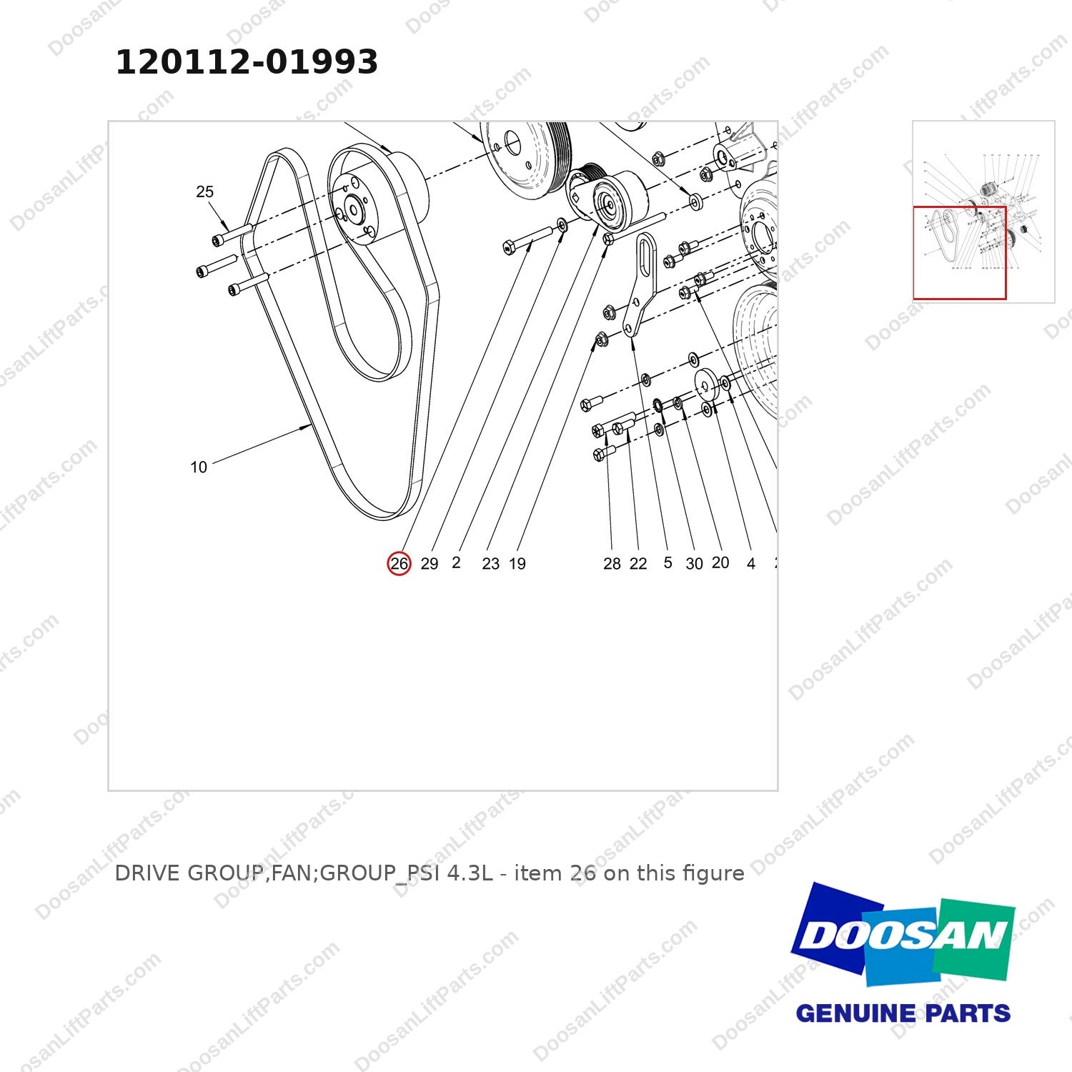 120112-01993 DRIVE GROUP,FAN;GROUP_PSI 4.3L - parts diagram, item 26 shown - genuine Doosan / Bobcat forklift part