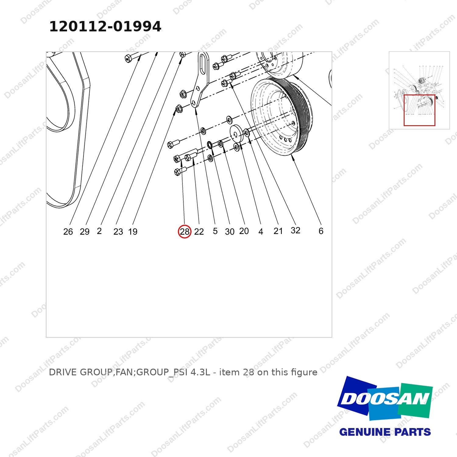 120112-01994 DRIVE GROUP,FAN;GROUP_PSI 4.3L - parts diagram, item 28 shown - genuine Doosan / Bobcat forklift part