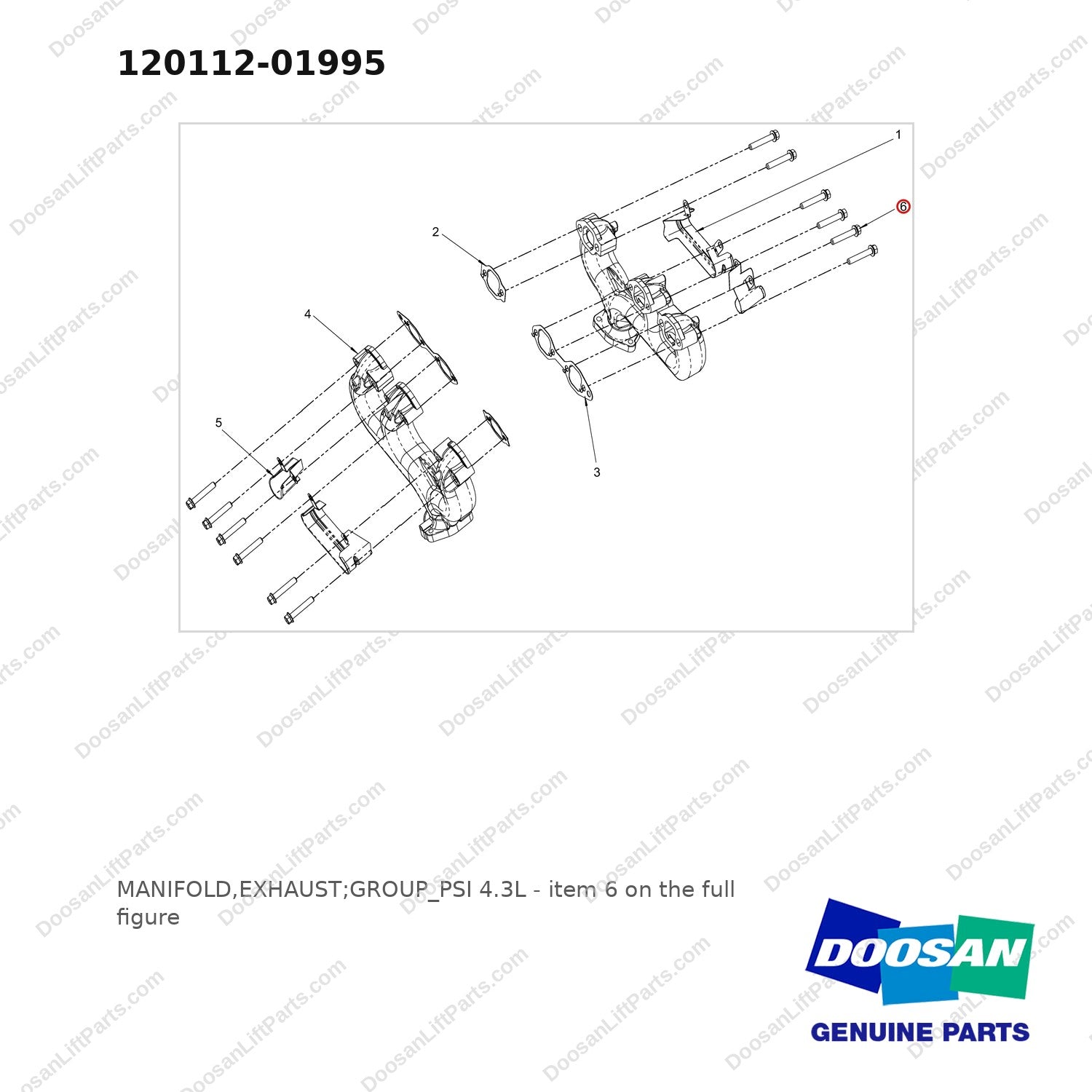 120112-01995 MANIFOLD,EXHAUST;GROUP_PSI 4.3L - full parts diagram, item 6 marked - genuine Doosan / Bobcat forklift part