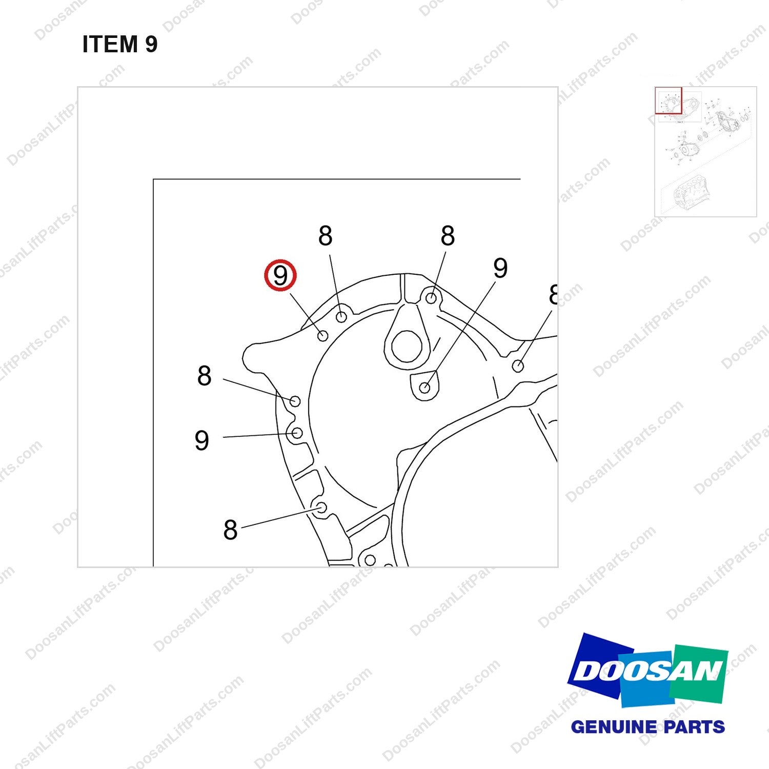 120112-02064 COVER,FRONT - parts diagram, item 9 shown - genuine Doosan / Bobcat forklift part
