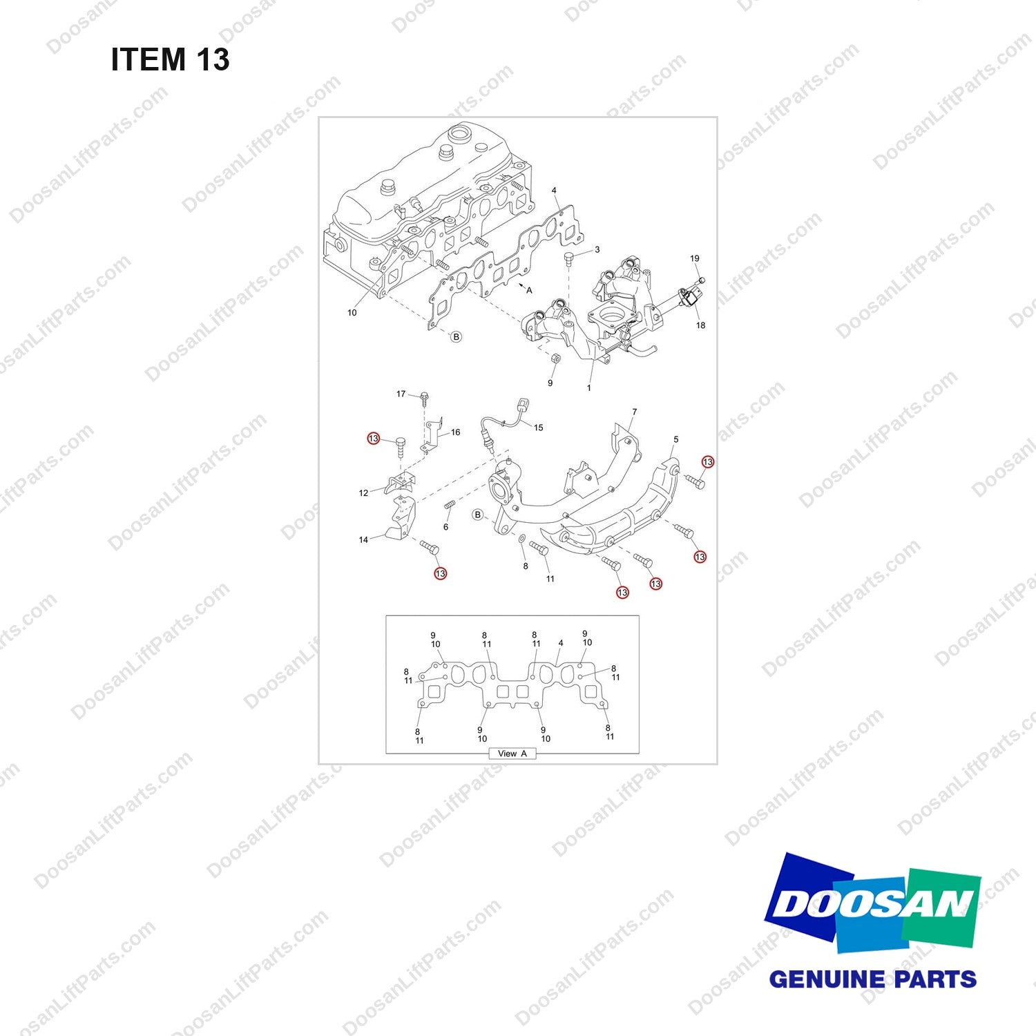 120112-02069 MANIFOLD,INTAKE;GCT GK25 ENGINE - full parts diagram, item 13 marked - genuine Doosan / Bobcat forklift part