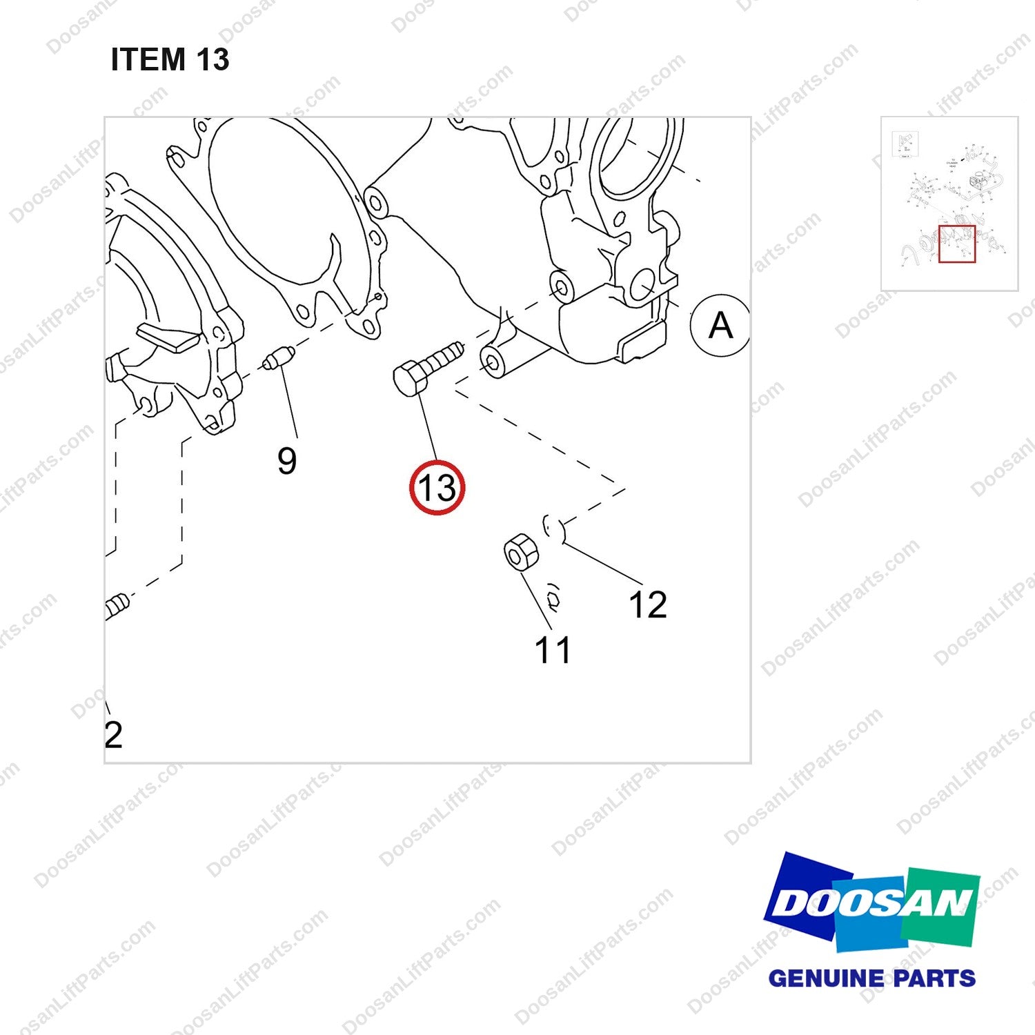120112-02077 PUMP ASSY,WATER;GCT GK25 ENGINE - parts diagram, item 13 shown - genuine Doosan / Bobcat forklift part