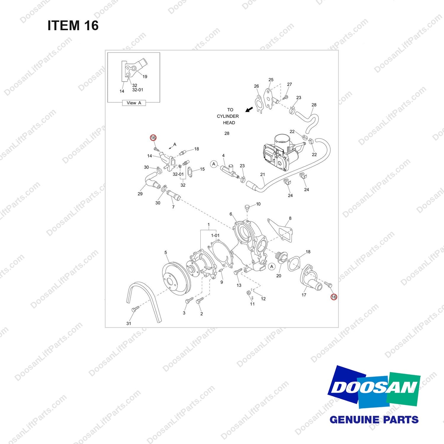 120112-02078 PUMP ASSY,WATER;GCT GK25 ENGINE - full parts diagram, item 16 marked - genuine Doosan / Bobcat forklift part