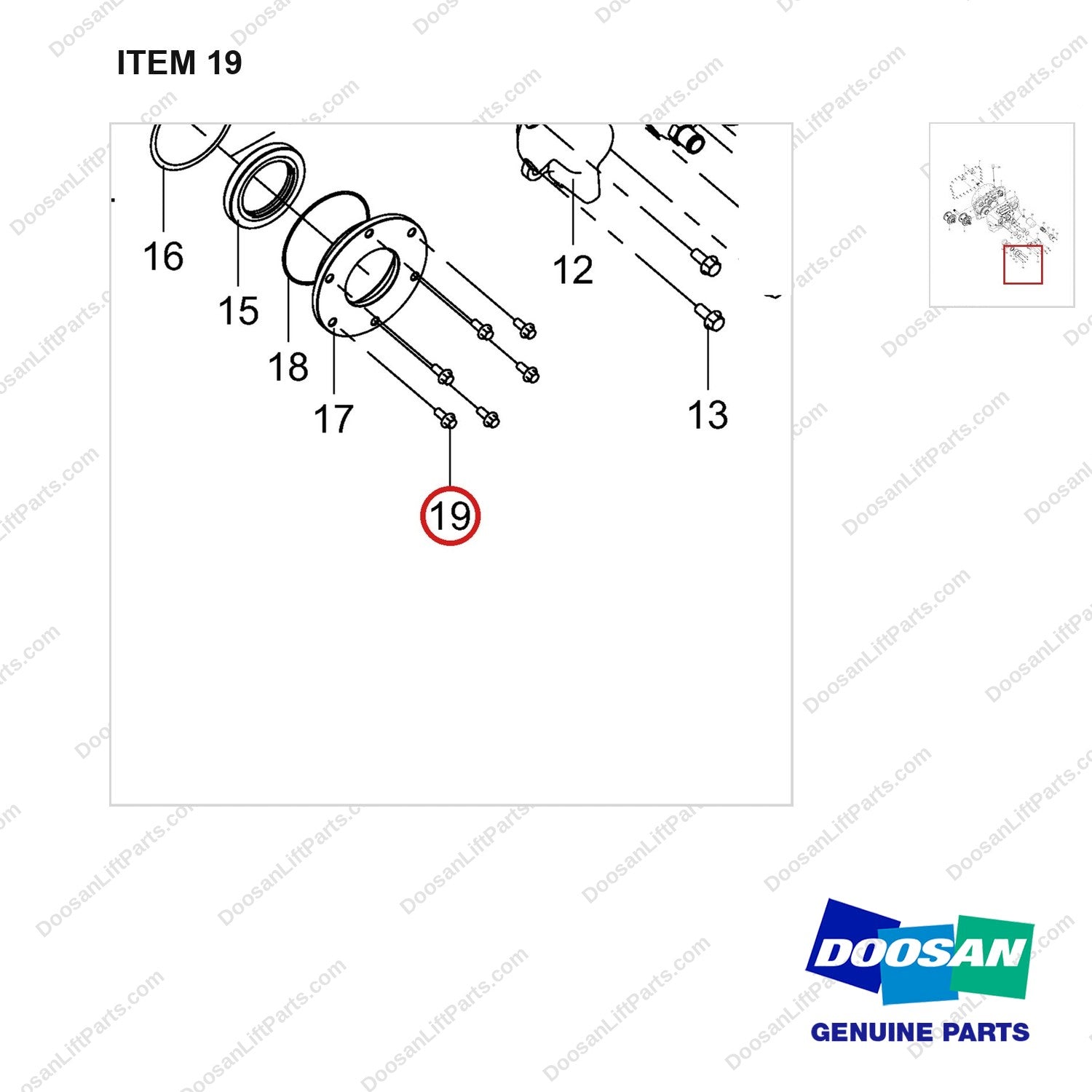 120112-02277 TRANSMISSION ASSY;KT40A - parts diagram, item 19 shown - genuine Doosan / Bobcat forklift part