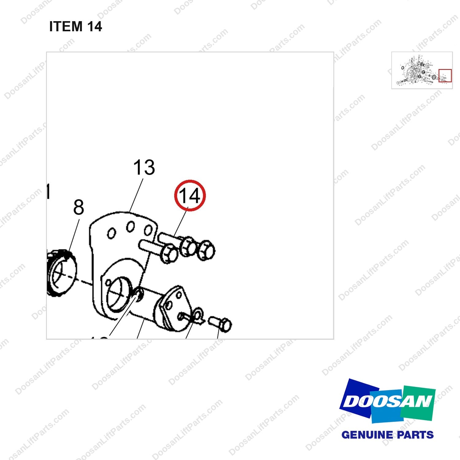 120112-02284 HOUSING ASSY;T/C - parts diagram, item 14 shown - genuine Doosan / Bobcat forklift part