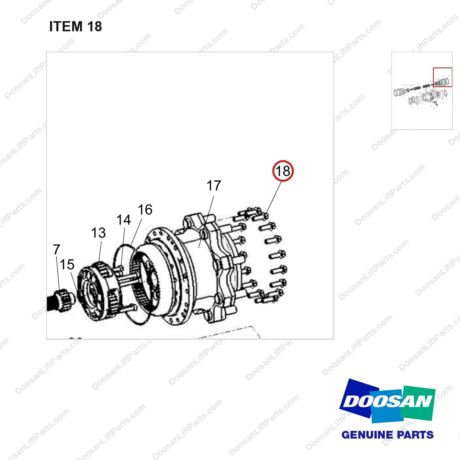 120112-02285 AXLE GROUP,DRIVE;KD40A - parts diagram, item 18 shown - genuine Doosan / Bobcat forklift part