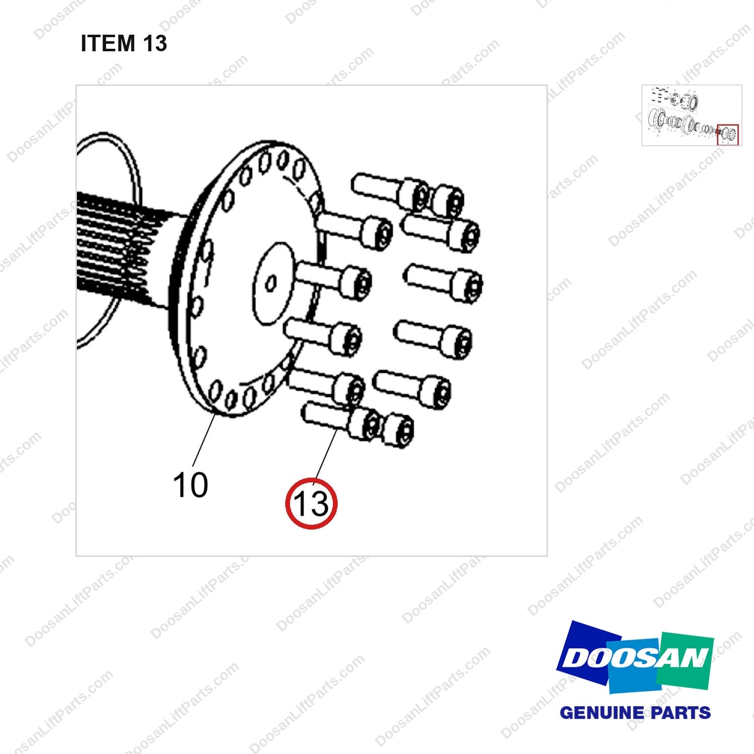 120112-02292 HUB ASSY - parts diagram, item 13 shown - genuine Doosan / Bobcat forklift part
