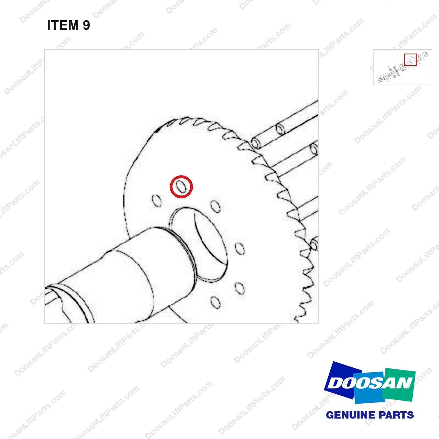 120112-02296 DIFFERENTIAL ASSY - parts diagram, item 9 shown - genuine Doosan / Bobcat forklift part