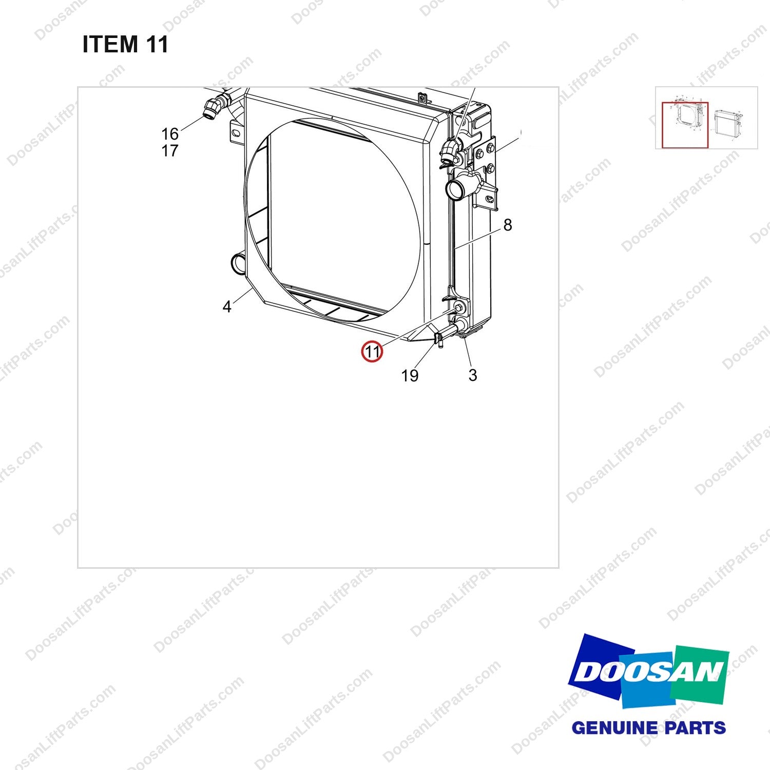 120112-02797 RADIATOR ASSY;GC15S-9,OPEN CORE - parts diagram, item 11 shown - genuine Doosan / Bobcat forklift part