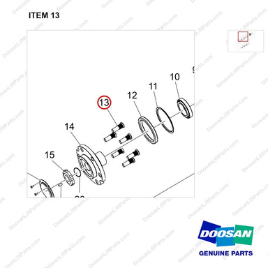 120112-02803 HUB ASSY - parts diagram, item 13 shown - genuine Doosan / Bobcat forklift part