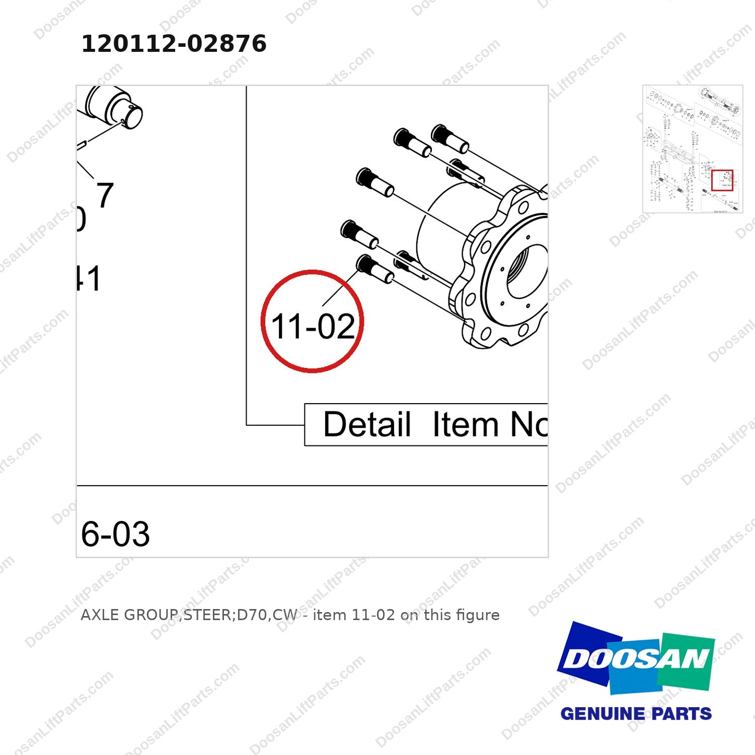 120112-02876 AXLE GROUP,STEER;D70,CW - parts diagram, item 11-02 shown - genuine Doosan / Bobcat forklift part