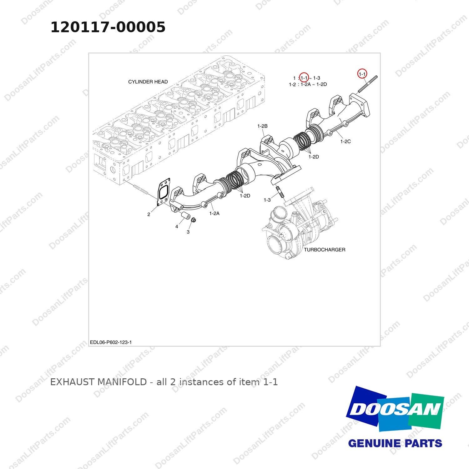 120117-00005 EXHAUST MANIFOLD - full parts diagram, item 1-1 marked - genuine Doosan / Bobcat forklift part