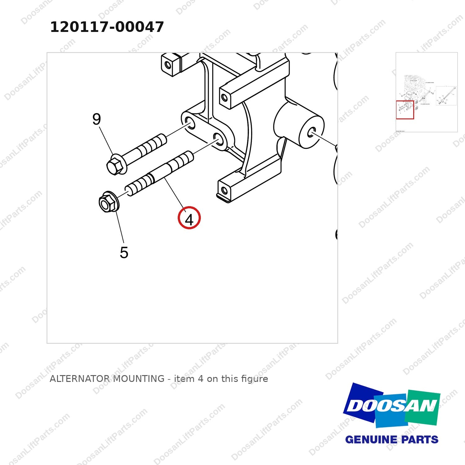 120117-00047 ALTERNATOR MOUNTING - parts diagram, item 4 shown - genuine Doosan / Bobcat forklift part