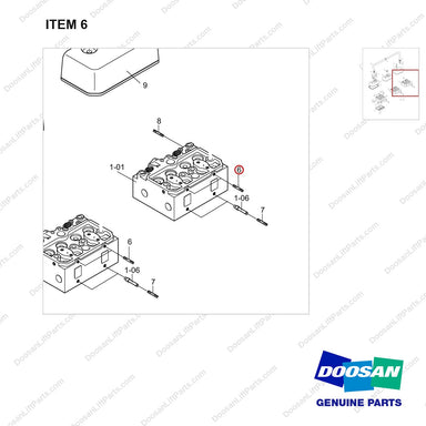 120117-00053 Cylinder Head - parts diagram, item 6 shown - genuine Doosan / Bobcat forklift part