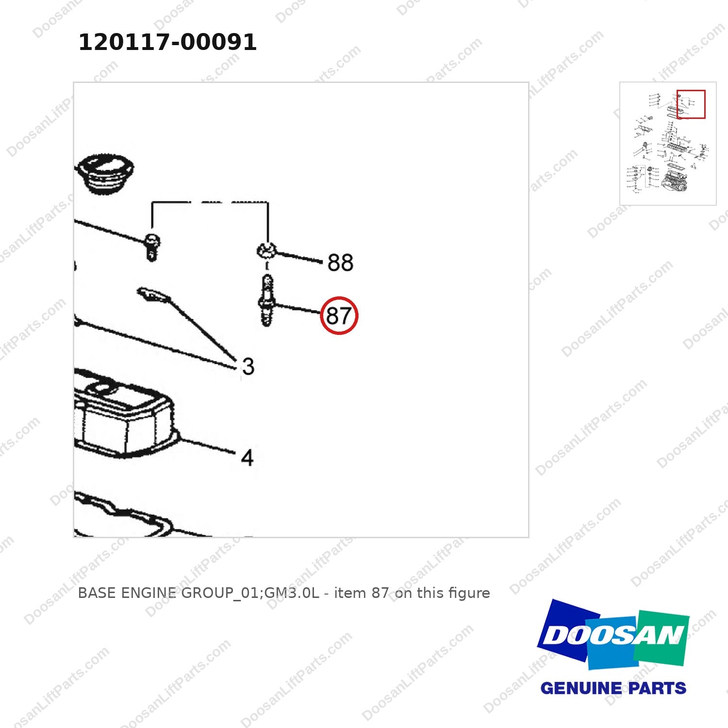 120117-00091 BASE ENGINE GROUP_01;GM3.0L - parts diagram, item 87 shown - genuine Doosan / Bobcat forklift part
