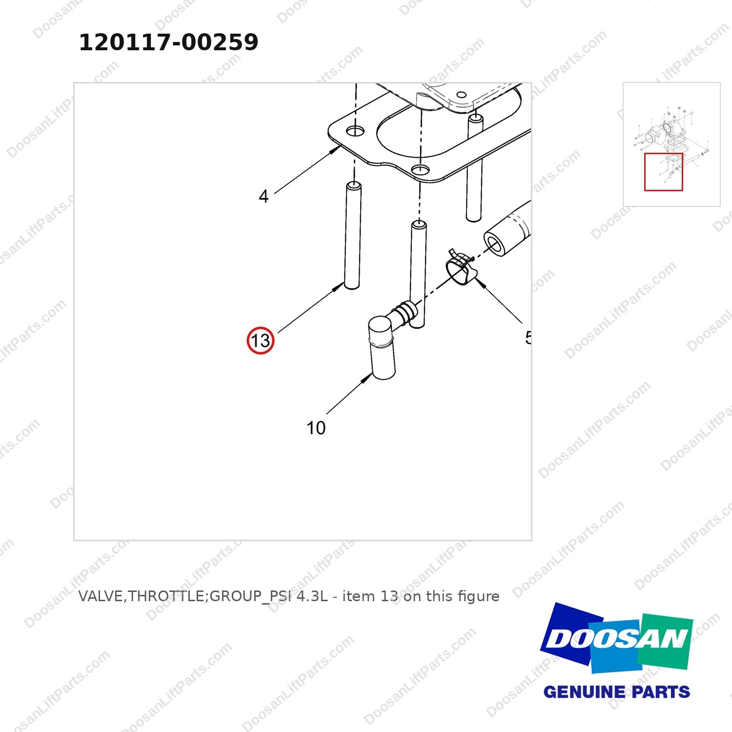 120117-00259 VALVE,THROTTLE;GROUP_PSI 4.3L - parts diagram, item 13 shown - genuine Doosan / Bobcat forklift part