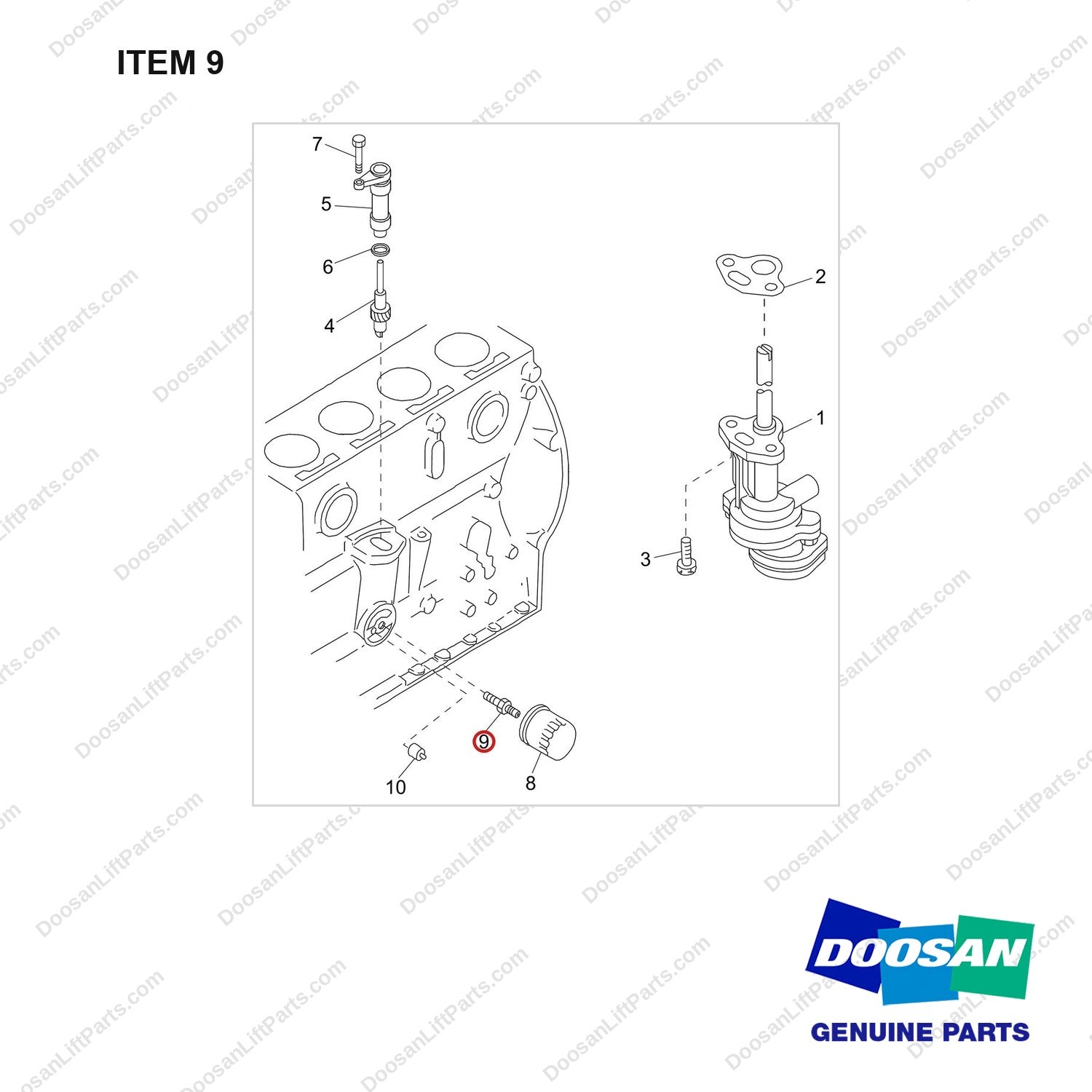 120117-00290 PUMP & FILTER GROUP,OIL;GCT GK25 ENGINE - full parts diagram, item 9 marked - genuine Doosan / Bobcat forklift part