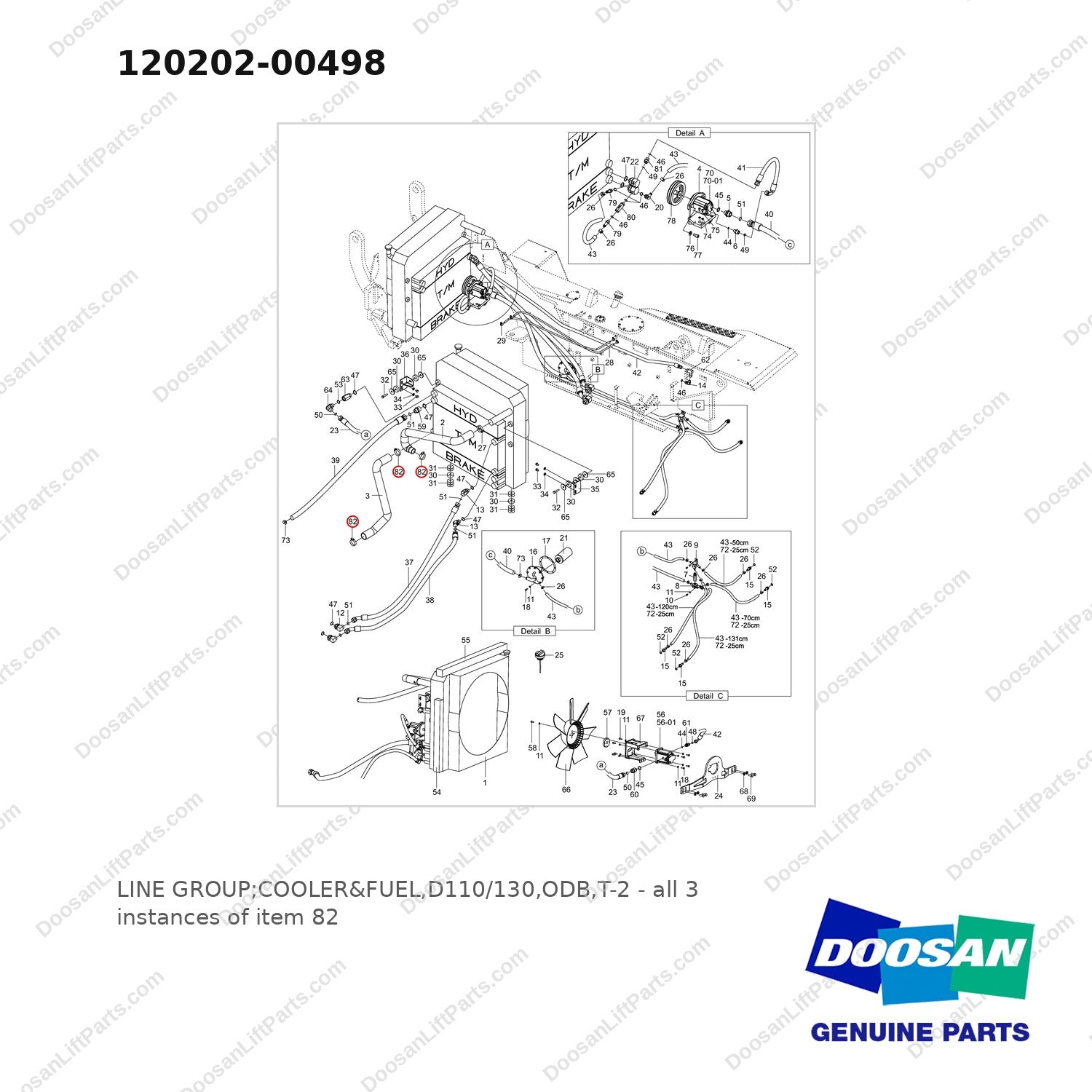 120202-00498 LINE GROUP;COOLER&FUEL,D110/130,ODB,T-2 - full parts diagram, item 82 marked - genuine Doosan / Bobcat forklift part