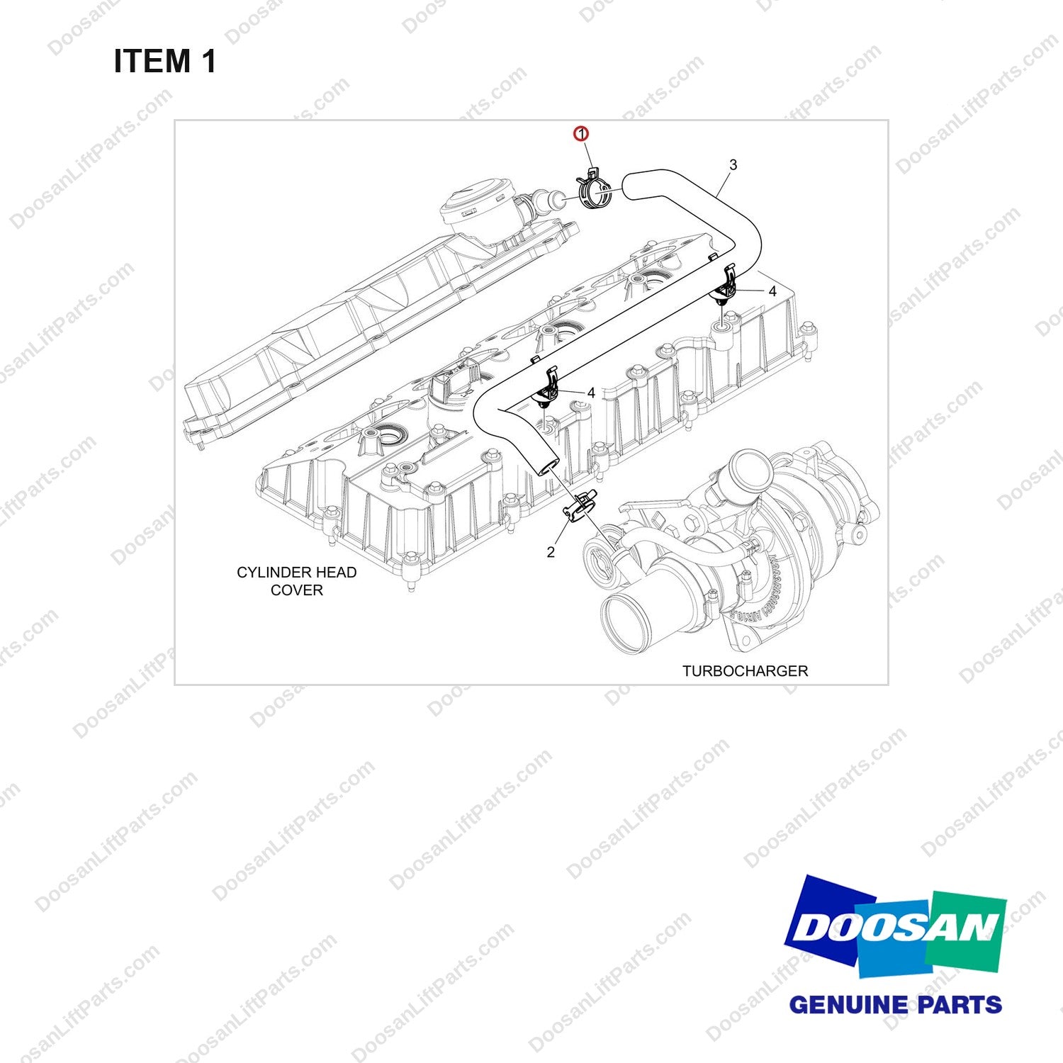 120202-00632 HOSE,RUBBER;DN03,BREATHER - full parts diagram, item 1 marked - genuine Doosan / Bobcat forklift part