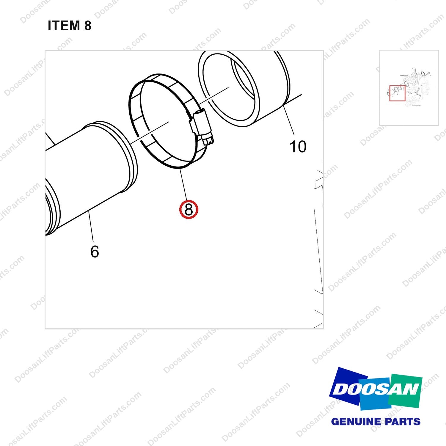 120202-00655 CHARGER KIT,TURBO;DN03 - parts diagram, item 8 shown - genuine Doosan / Bobcat forklift part