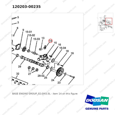 120203-00235 BASE ENGINE GROUP_02;GM3.0L - parts diagram, item 14 shown - genuine Doosan / Bobcat forklift part