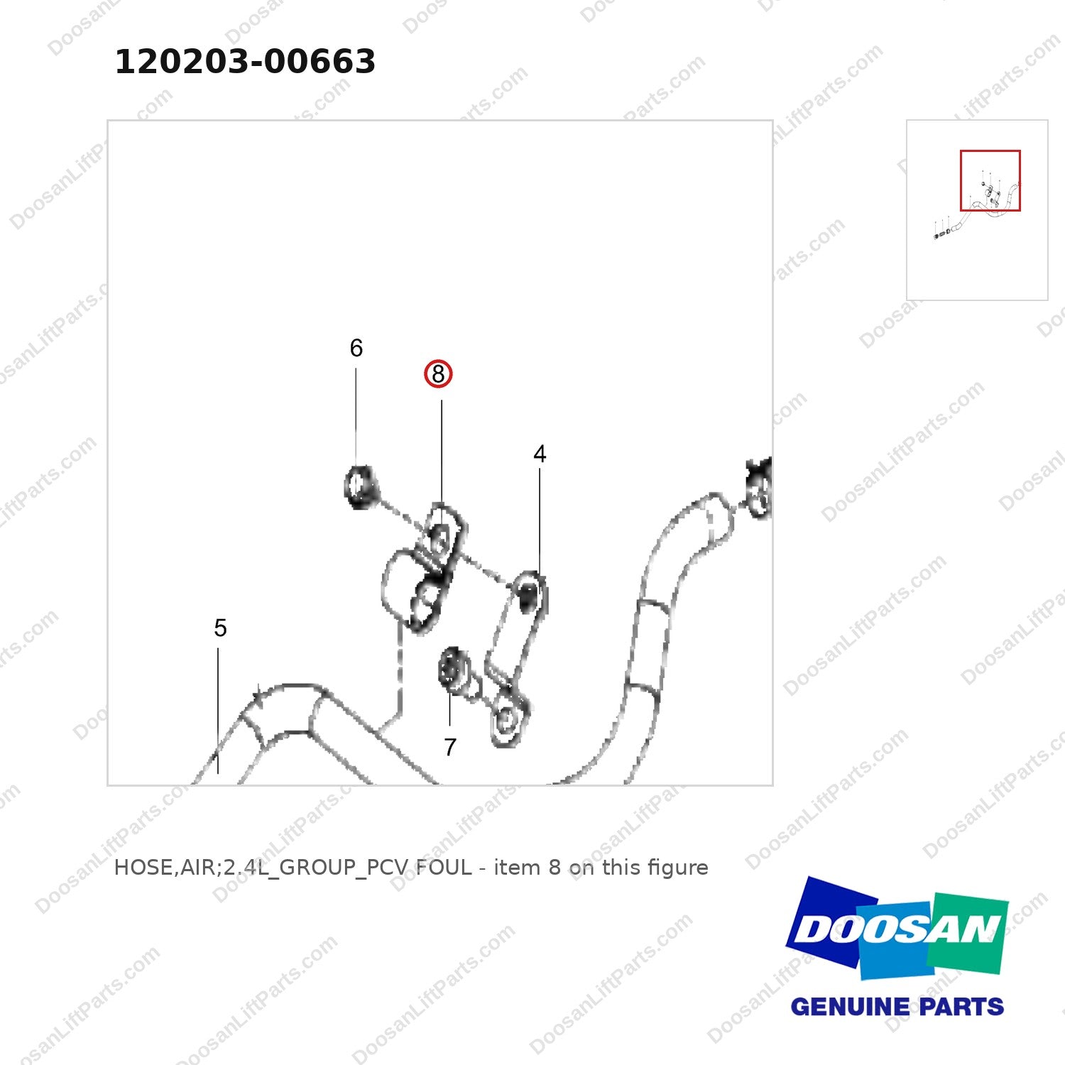 120203-00663 HOSE,AIR;2.4L_GROUP_PCV FOUL - parts diagram, item 8 shown - genuine Doosan / Bobcat forklift part