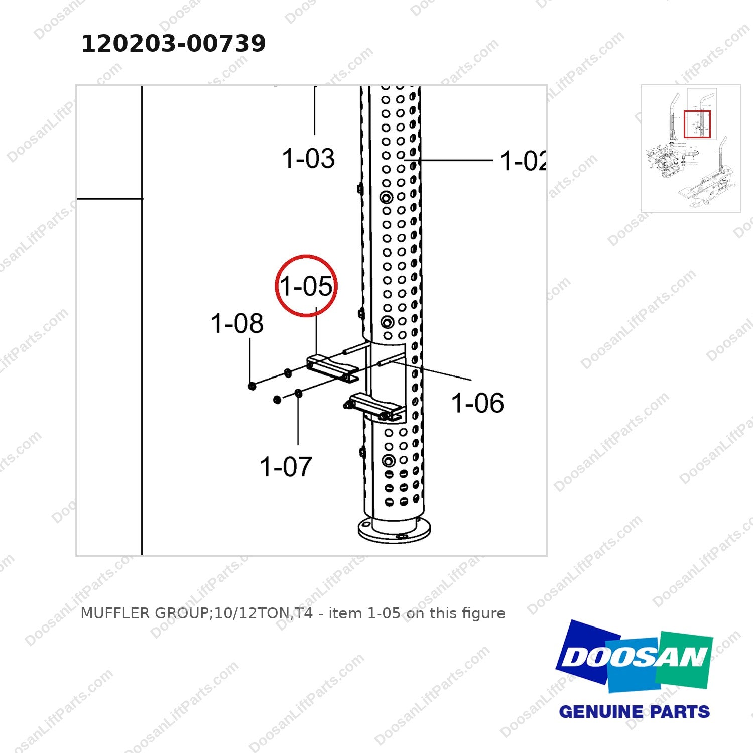 120203-00739 MUFFLER GROUP;10/12TON,T4 - parts diagram, item 1-05 shown - genuine Doosan / Bobcat forklift part