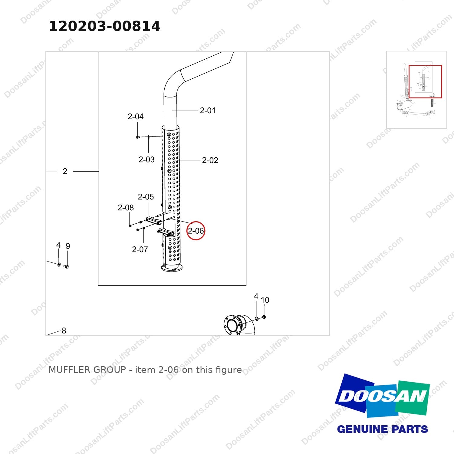 120203-00814 MUFFLER GROUP - parts diagram, item 2-06 shown - genuine Doosan / Bobcat forklift part