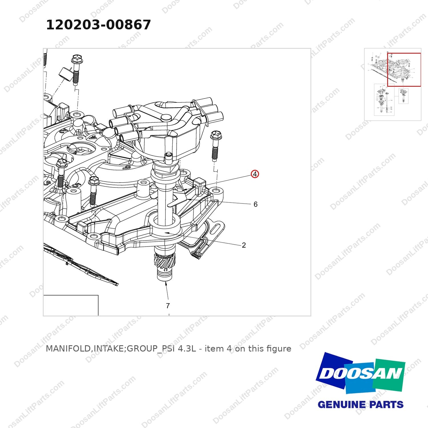 120203-00867 MANIFOLD,INTAKE;GROUP_PSI 4.3L - parts diagram, item 4 shown - genuine Doosan / Bobcat forklift part