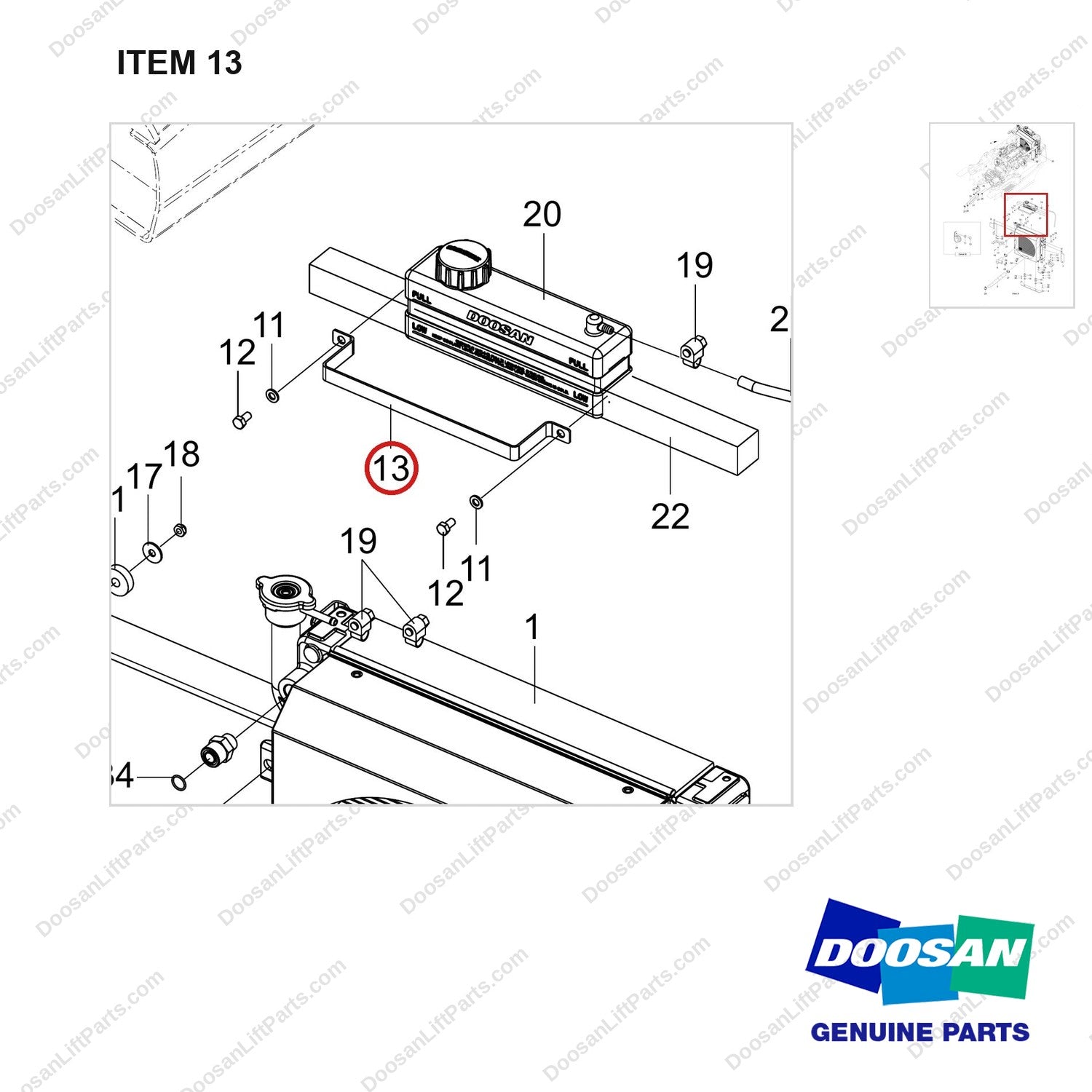 120203-01046 RADIATOR GROUP;COOLING - parts diagram, item 13 shown - genuine Doosan / Bobcat forklift part