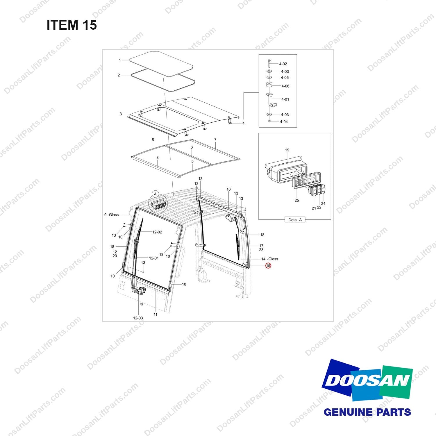 120203-01150 MODULAR CABIN C TYPE - full parts diagram, item 15 marked - genuine Doosan / Bobcat forklift part