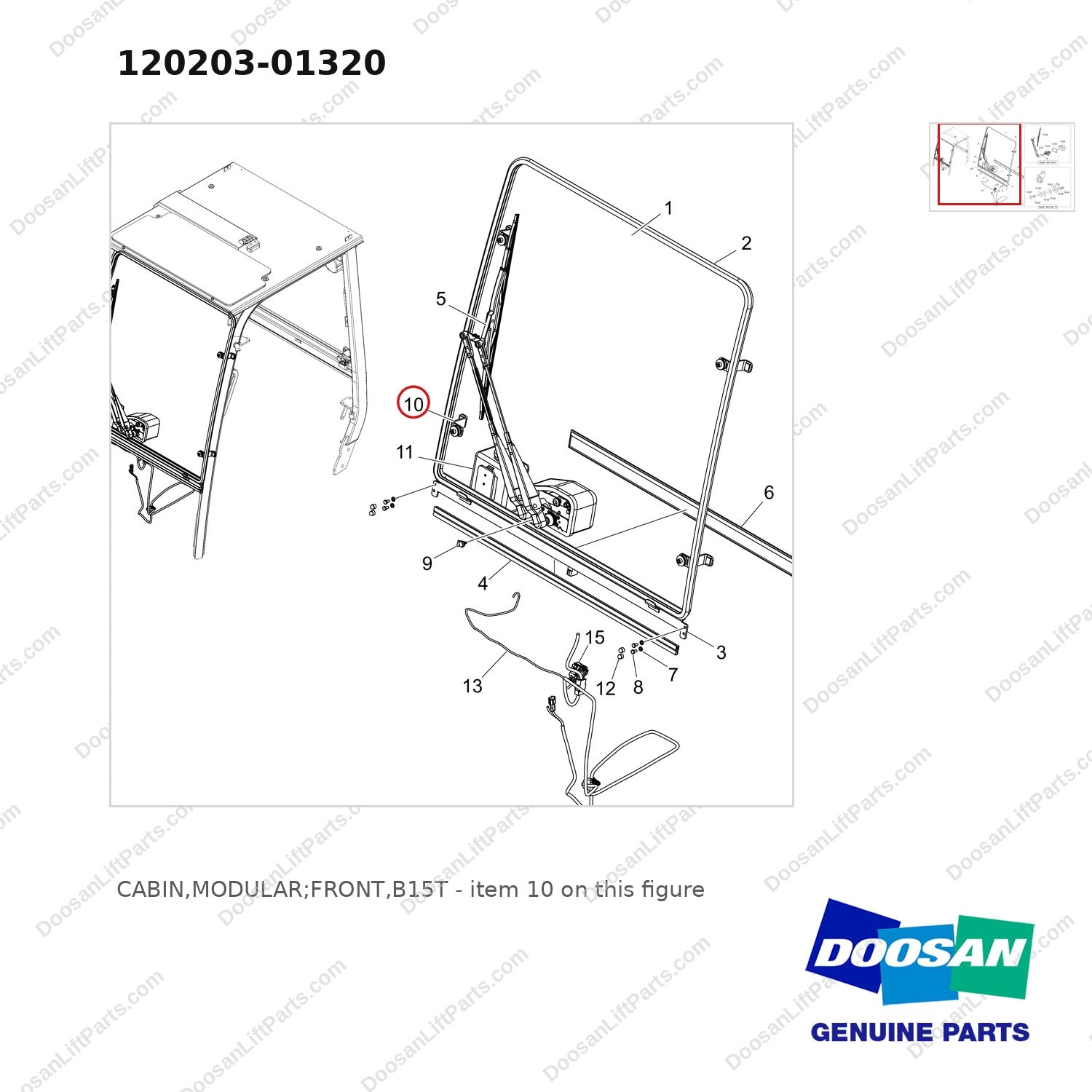 120203-01320 CABIN,MODULAR;FRONT,B15T - parts diagram, item 10 shown - genuine Doosan / Bobcat forklift part