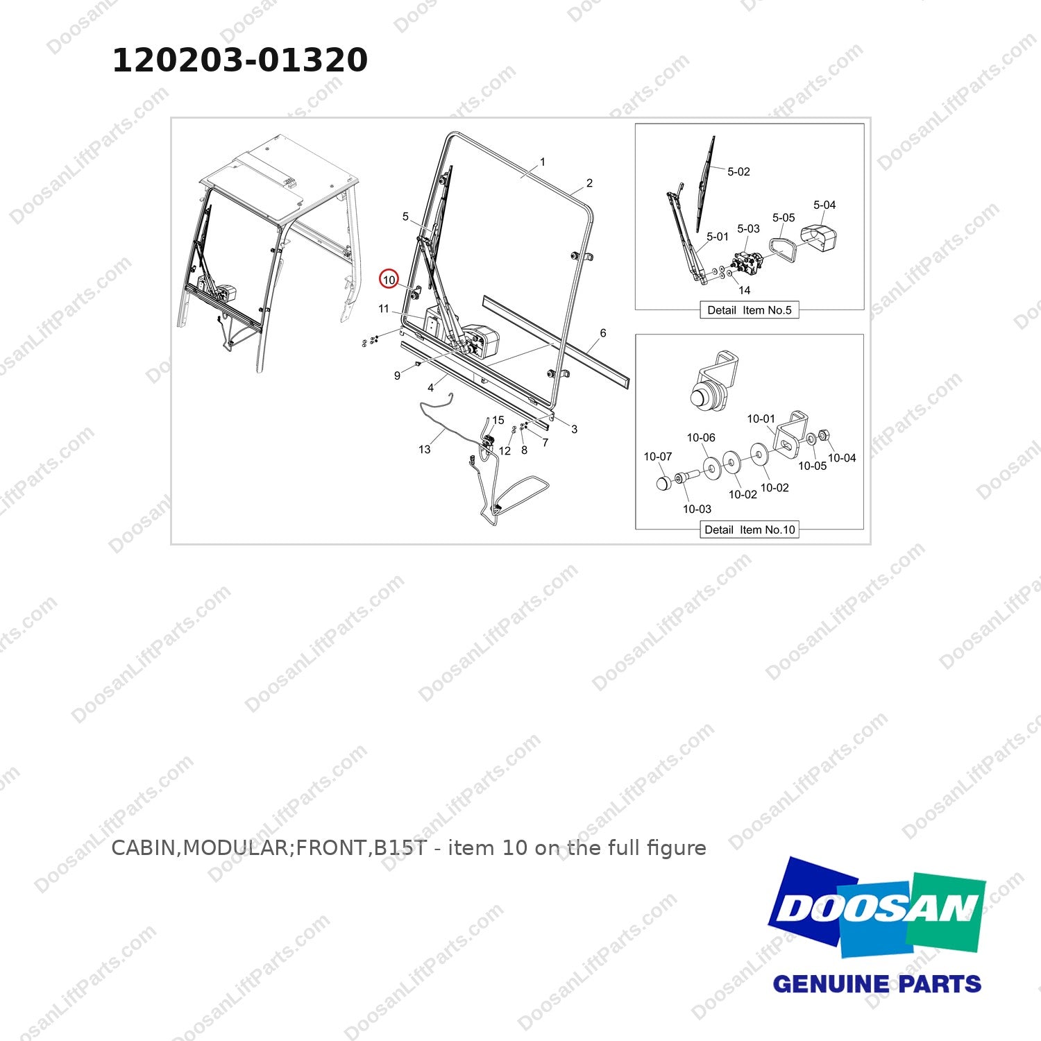 120203-01320 CABIN,MODULAR;FRONT,B15T - full parts diagram, item 10 marked - genuine Doosan / Bobcat forklift part